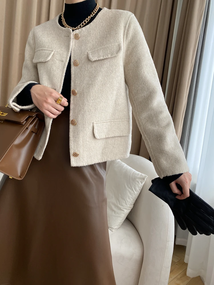 

Mozuleva High Quality Double Sided Wool Coat Women Autumn Winter Single breasted short Woolen Coat Hand-Stitched Outwear