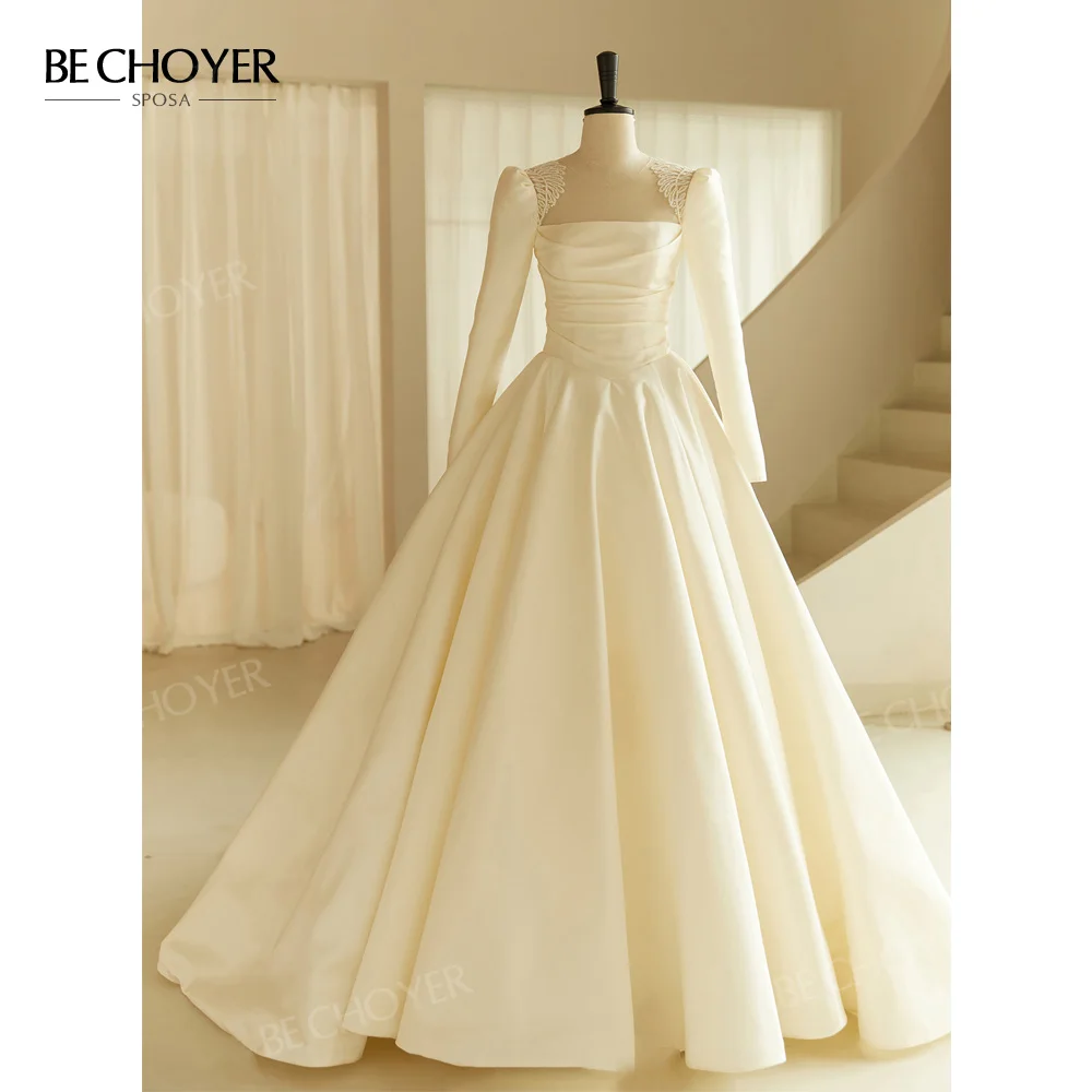 

Свадебное платье с длинным рукавом, а-силуэт, квадратный вырез, атласное платье невесты с бисером, 2023, со шлейфом, для принцессы, B361, свадебно...