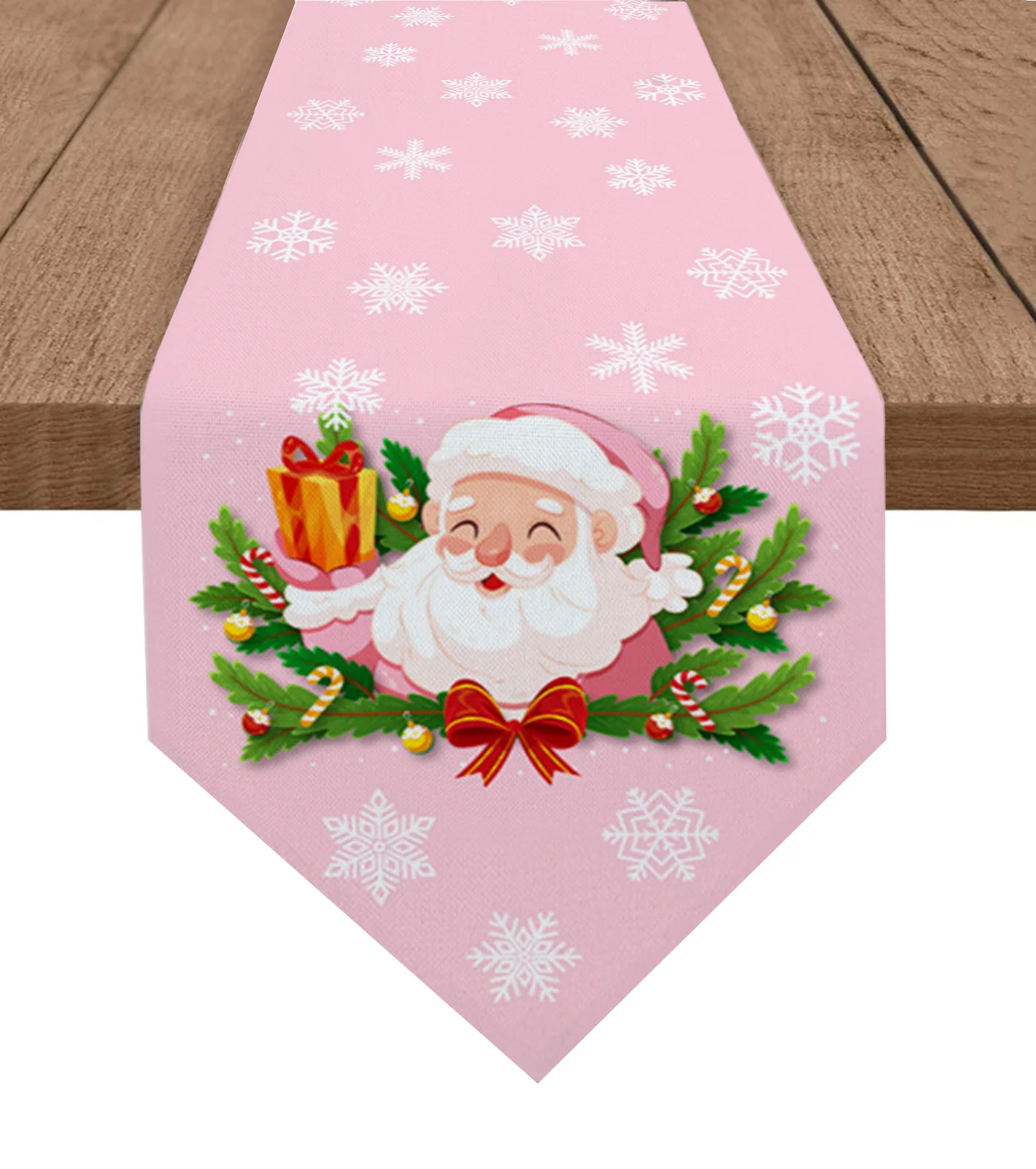 

Christmas Santa Claus Pine Needle Snowflake Pink Table Runner Wedding Decor Tablecloth Holiday Party Home Dining Table Decor