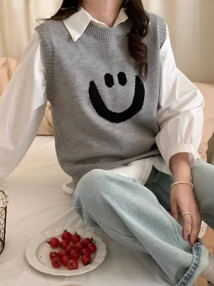 Вязаные жилеты со смайликом и круглым вырезом для женщин осень 2022 новый