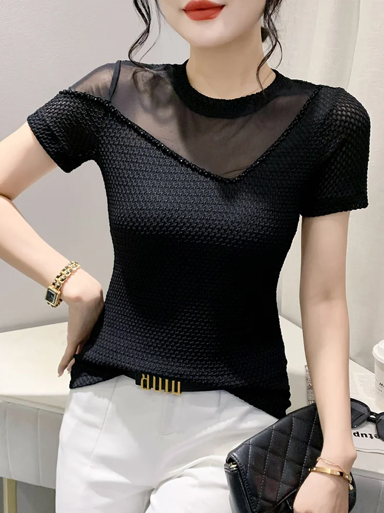 

#7320 Black Green Purple Mesh T Shirt Women Split Joint Mesh Office T-shirt Short Sleeve Slim Thin Elastic Woman T-shirts Summer
