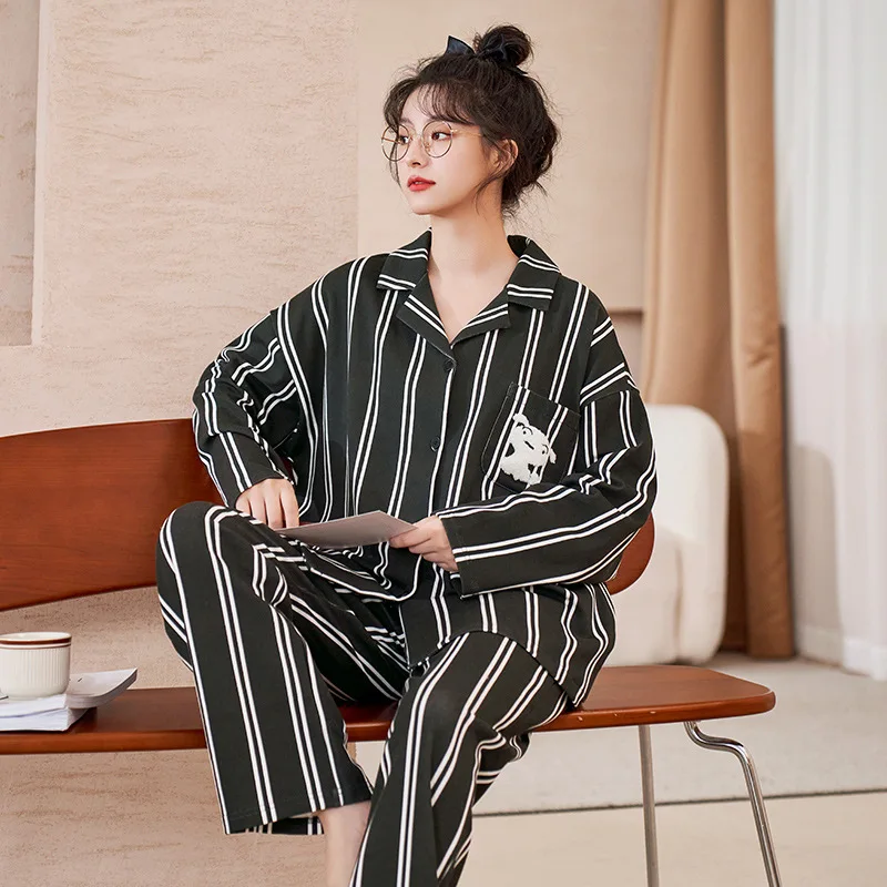 Pijama Mujer Loungewear Women Pajamas Sleepwear 2022 Autumn Winter Black White Stripe Simple High Quality Comfort Casual Vintage