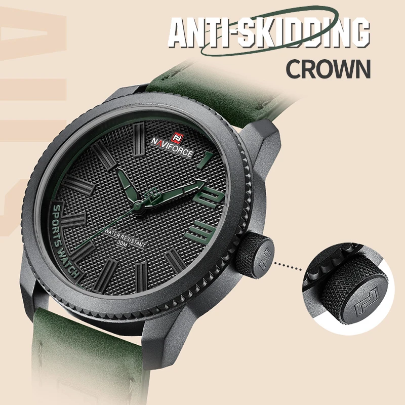 NAVIFORCE Male Wrist Watches Military Sports Anti-shock Waterproof Leather Strap Men Watch Fashion Green Clock Relogio Masculino