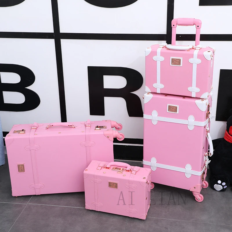 

Travel suitcase on spinner wheels Trolley luggage set 20'' cabin luggage bag case PU leather Retro vintage suitcase girls bag