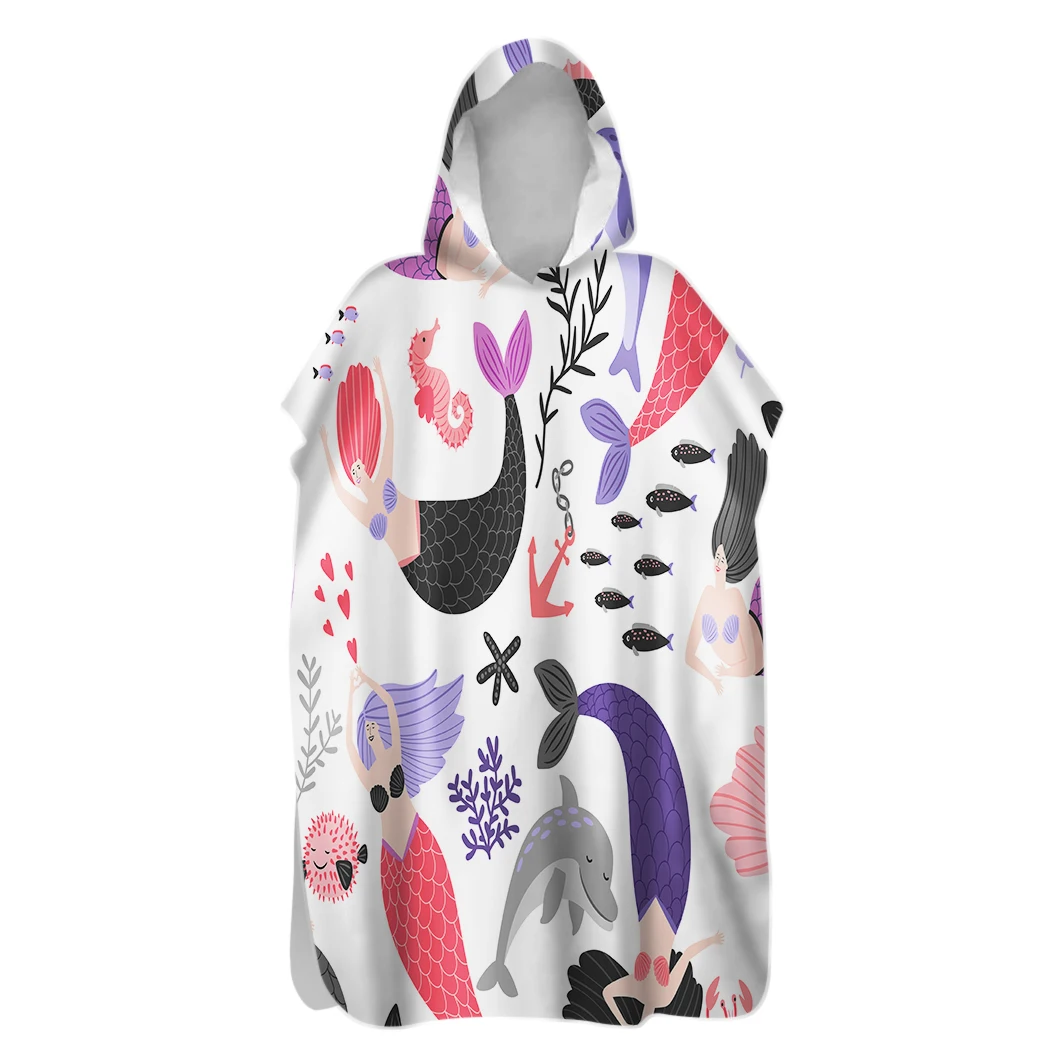 

Mediterranean Mermaid Starfish Anchors Adult Kids Sand Free Hooded Poncho Towel Swim Beach Changing Robe Holiday Gift