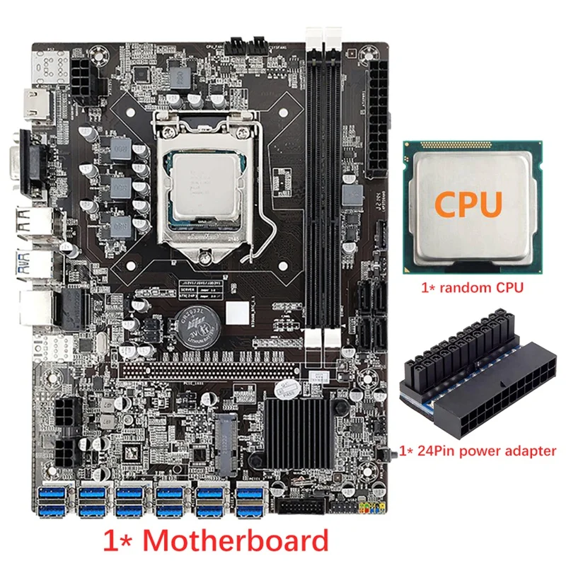 

B75 Mining Motherboard+Random CPU+24Pin Power Adapter For BTC/ETH 12 USB3.0 To PCIE GPU Slot LGA1155 DDR3 RAM SATA3.0