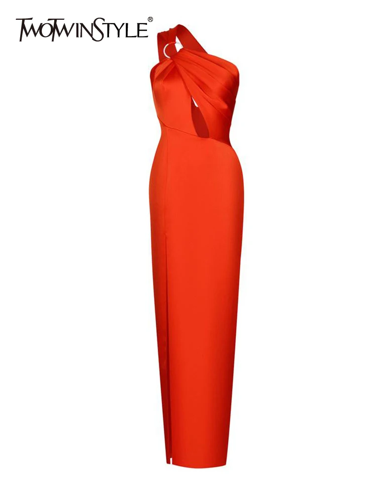 

TWOTWINSTYLE Sexy Cut Out Dress For Women Irregular Collar Sleeveless High Waist Solid Minimalsit Midi Dresses Female Summer New