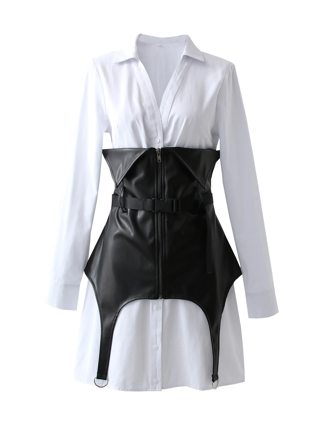 

European and American style women's long-sleeved slim fit suit with plastic waist two-piece shirt dress