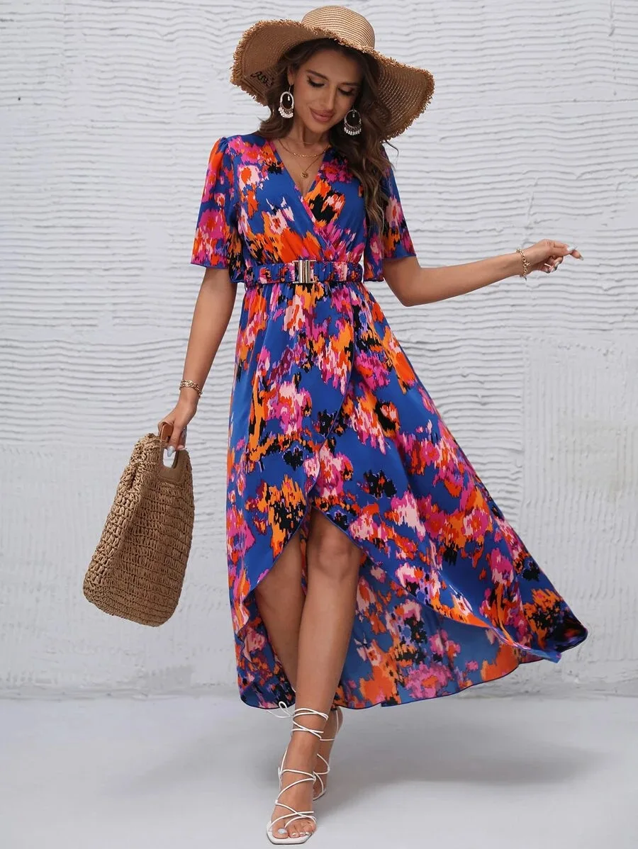 

New Female Boho Print Midi Dress 2023 Women Sexy Vintage Floral Holiday Sundress Summer Ladies Causal V-neck Loose Belt Dress