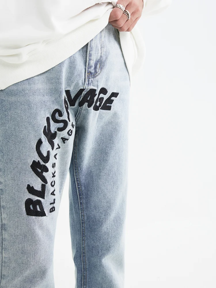 Gaojie Retro Men's Letter Embroidery Y2k Jeans Casual and Loose Straight Leg Pants Male Street Clothing Boyfriend Style Pants