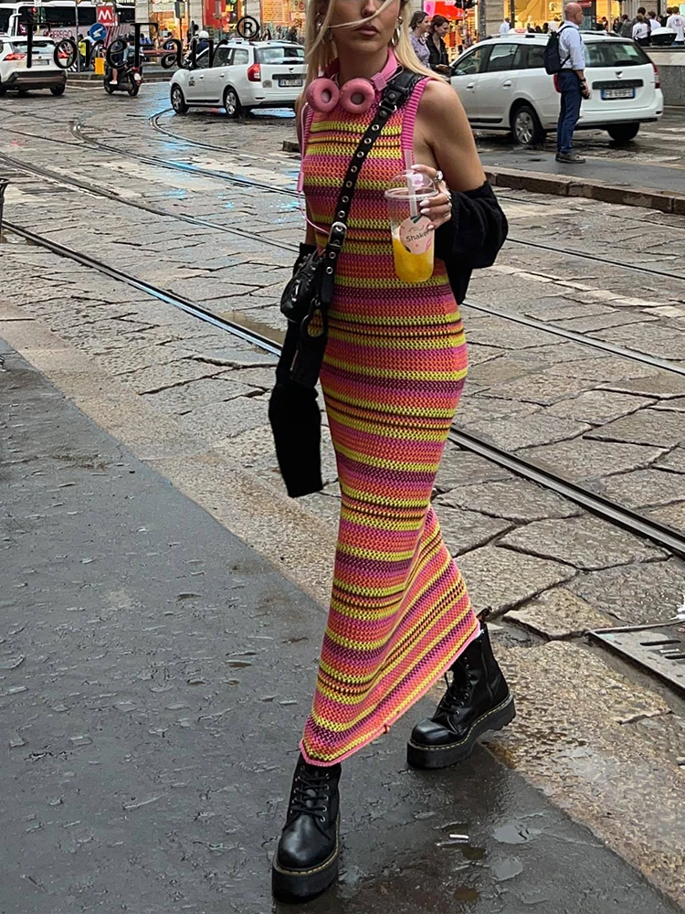 

Forefair Mulit Midi Dress Women Sleeveless Y2k Beach Stripe Knitted ​Fashion Summer Sexy Party Street Bodycon Tank Dresses