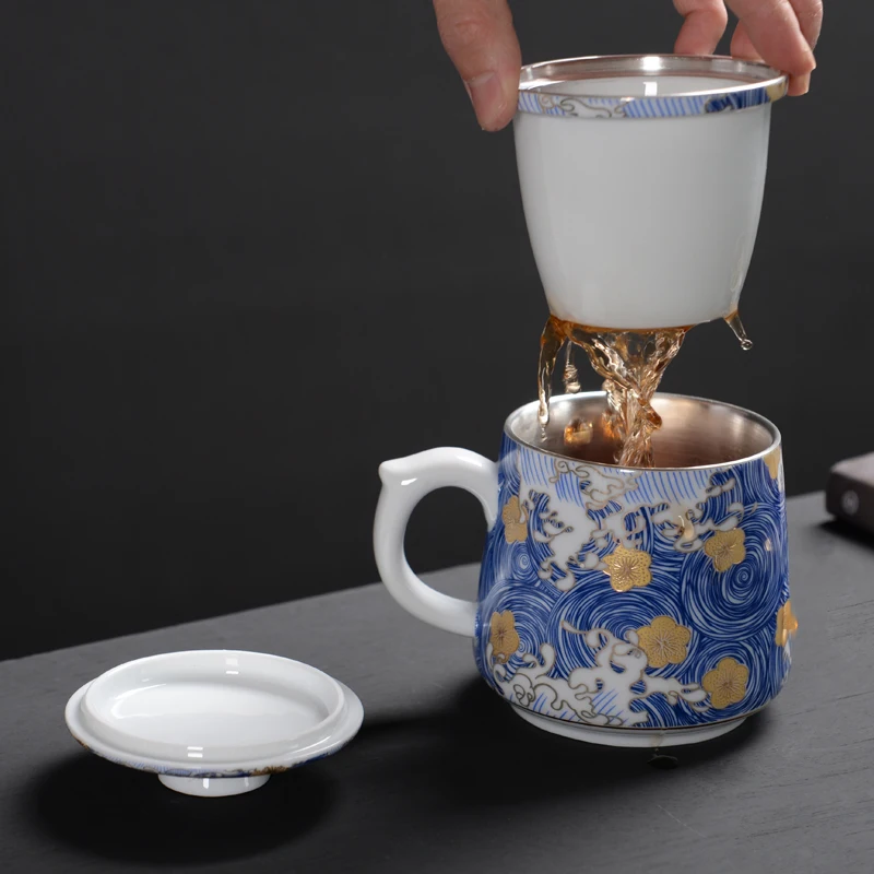 

Silver teacup 999 sterling silver ceramic water cup Jingdezhen enamel silver-plated cup office personal cup filter with lid
