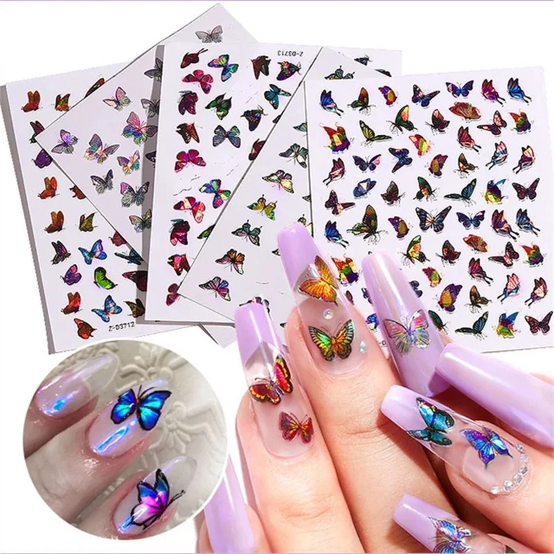 

Laser Color Butterfly Nail Art Stickers Holographic 3D Gradient Butterflies Adhesive Nail Decals DIY Manicure Decorations