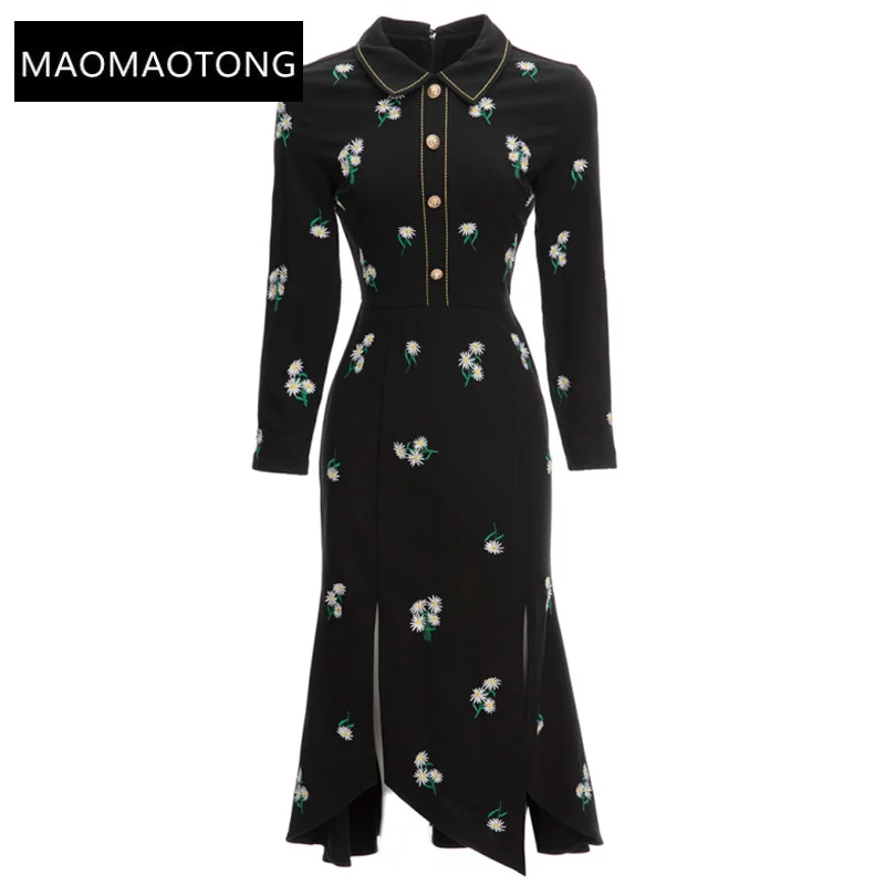 

Designer Dress Women Luxury 2022 Runway Elegant Winter Long Sleeve Single-breasted Flower Embroidery Vintage Party Midi Dress
