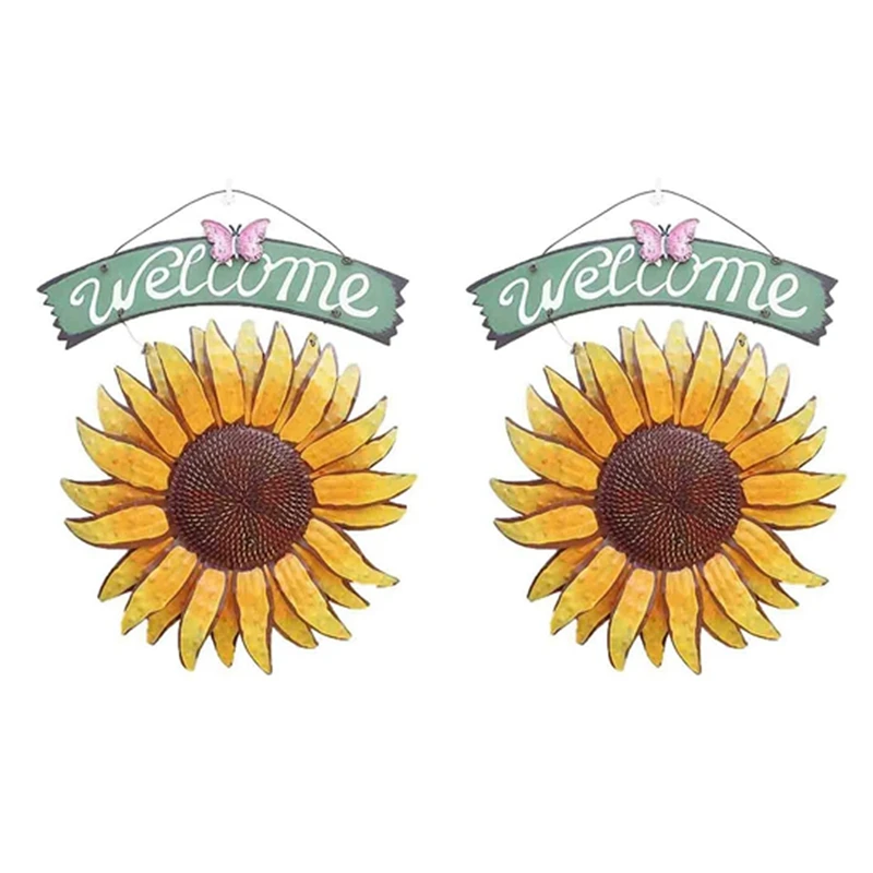

2X Garden Welcome Signs Metal Hanging Decorative Sunflower Outside Hand-Painted Welcome Plaque For Front Door