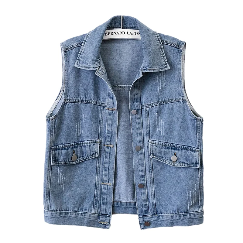 

Spring Korean Vintage Blue Frayed Denim Vest Women Waistcoat Loose Short Cowboy Sleeveless Jacket Big Pocket Jeans Vests Female