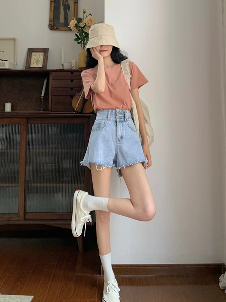 New Summer Women High Waist Wide Leg Raw Hem Blue Denim Shorts Streetwear Female Loose Button Jeans Shorts Bottoms