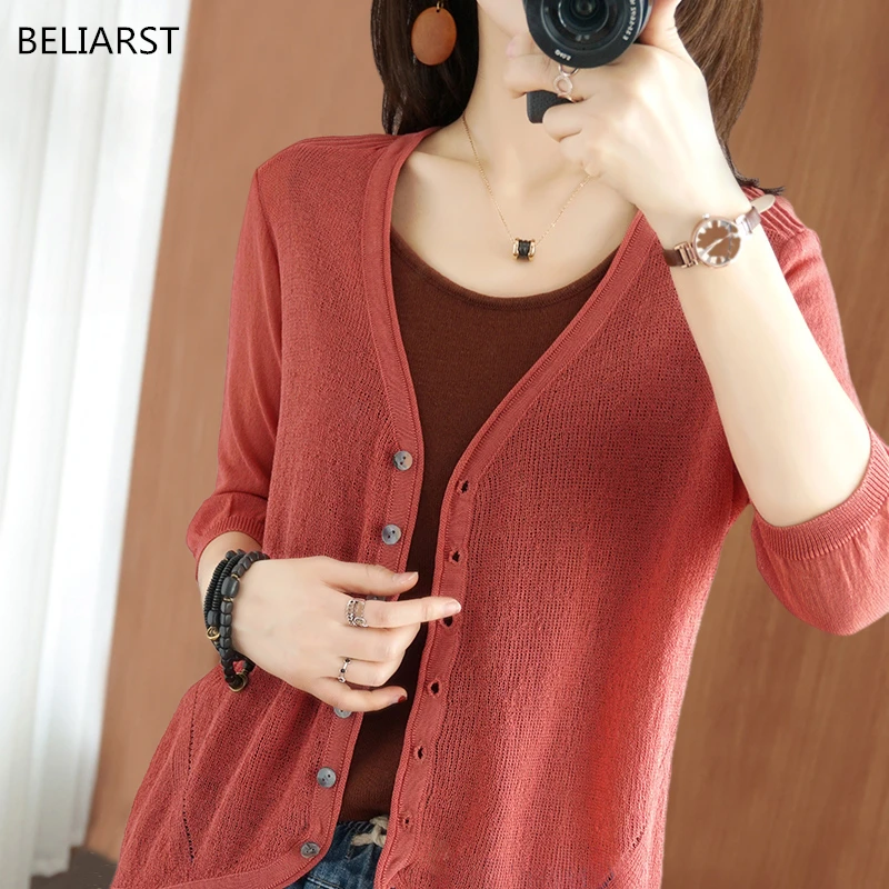 

BELIARST Spring and summer new 100% cotton women's V-neck cardigan casual knitted tops Korean style fashion jacket long sleeves