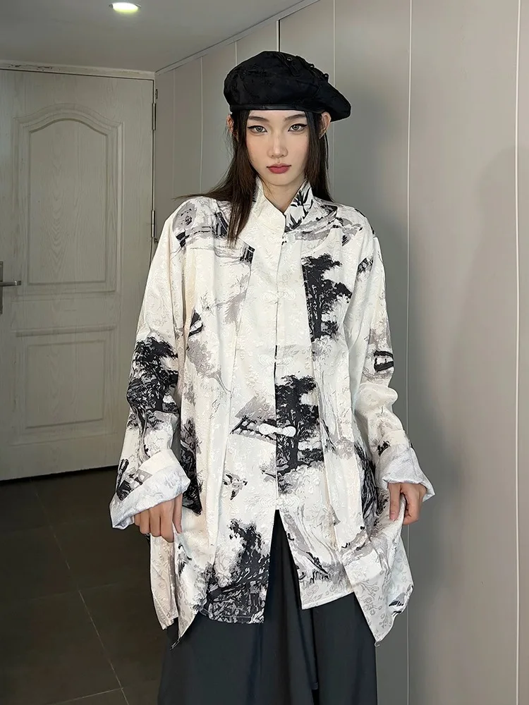 

New Chinese style shirt women's long sleeve tie-dye ink painting Chinese style jacquard standing collar unisgender shirt jacket