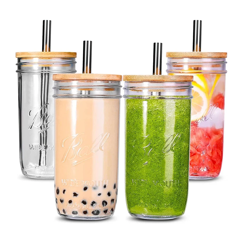

4-Pack Reusable Wide Mason Spout Smoothie Cup Iced Coffee Cup Bamboo Lid And Straw Mason Jar Drinking Cup