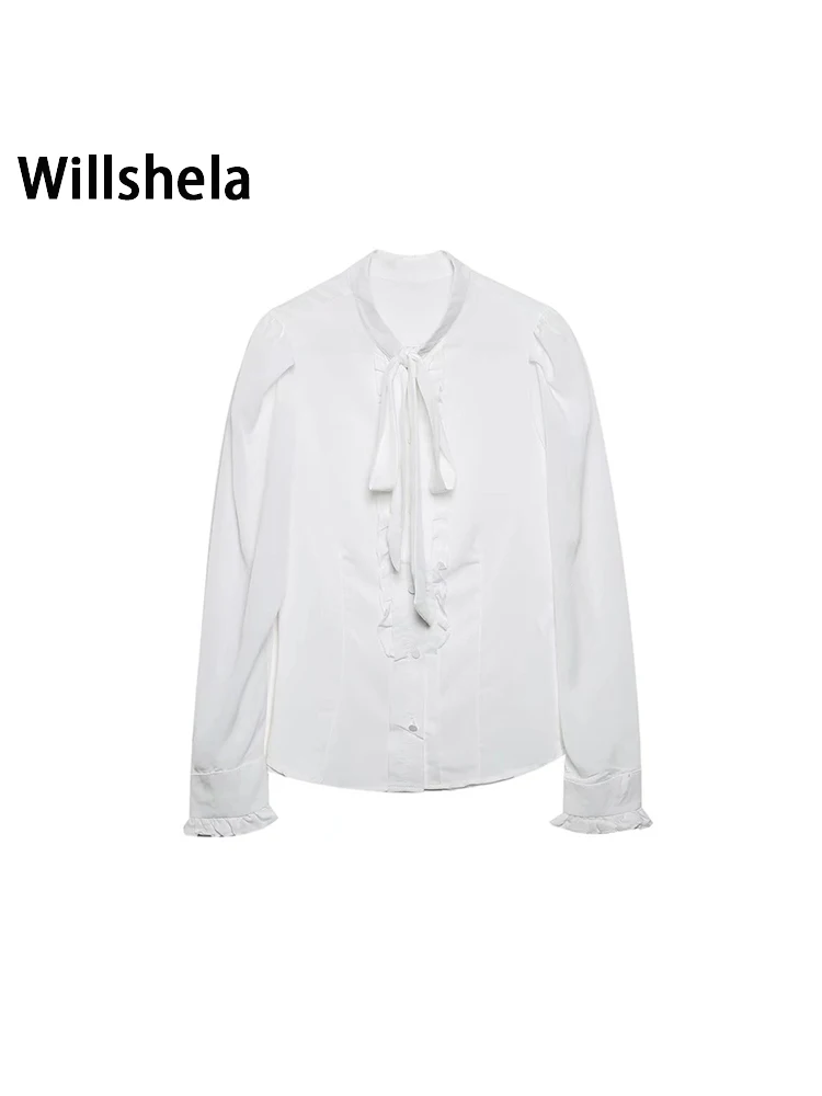 

Willshela Женская мода с бантом кружевная однотонная однобортная блузка Винтажная с длинными рукавами и круглым вырезом Женская шикарная рубаш...
