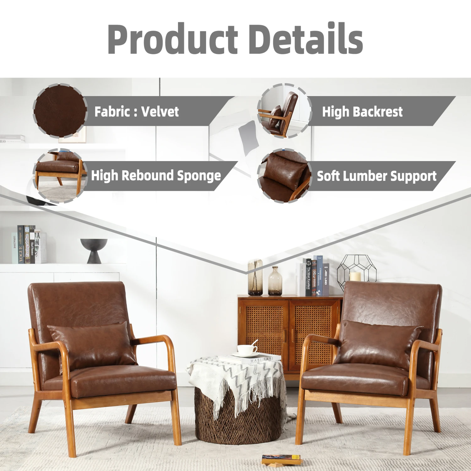 Стул Coolmore Modern Accent с подкладкой из массива дерева и одной подушкой — коричневая