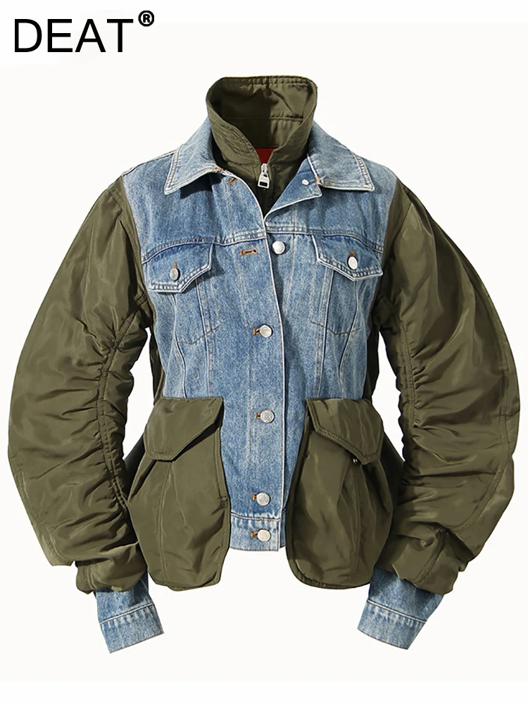 

DEAT 2022 Autumn And Winter New Fashion Turn-down Collar European Style Loose Patchwork Denim Cotton Woman jackets 7Z249