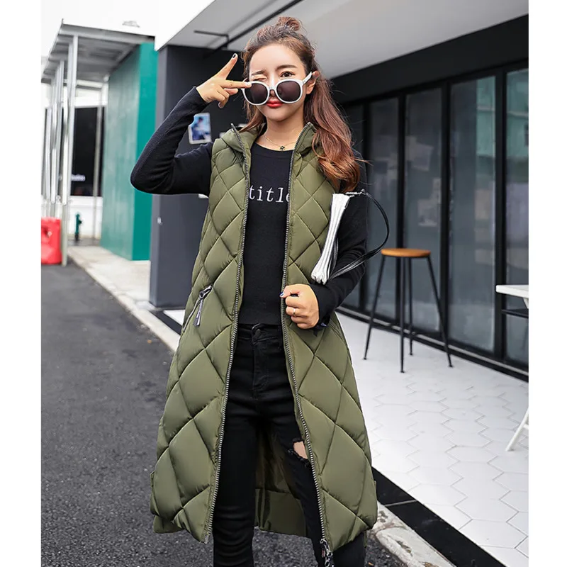 Women's Sleeveless Vest Long Down Jacket Solid Korea Hooded Padded Vests Loose Females 2022 Ladies Fashion Casual Winter Coat