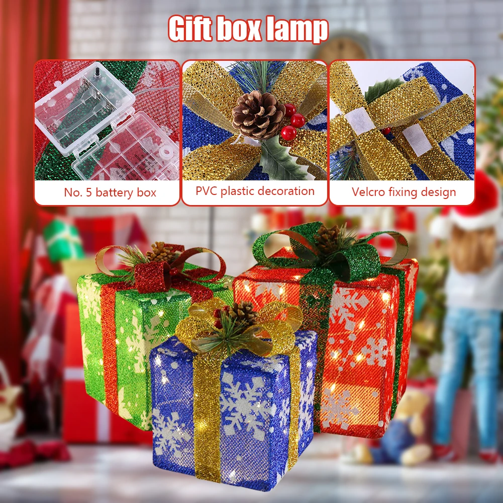 

3 упаковки рождественских подарочных коробок, 8 режимов, Рождественская Подарочная коробка со светодиодной подсветкой, водонепроницаемый м...