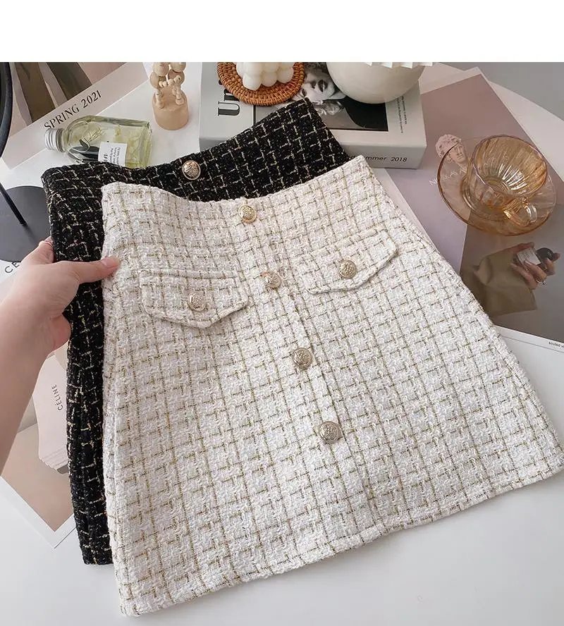 

Клетчатые твидовые юбки, Офисная Женская мини-юбка с высокой талией, шерстяная винтажная юбка в Корейском стиле на пуговицах, черная, белая юбка-шорты на молнии