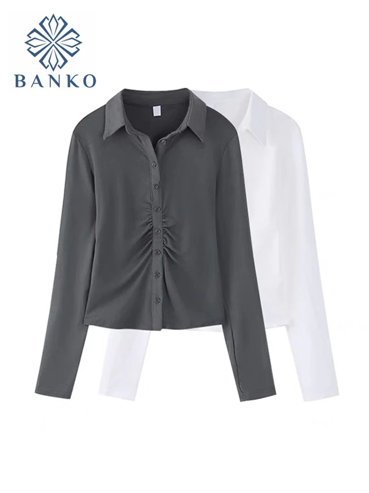 

2022 Spring New Women Solid Blouse Long Sleeve Polo Casual Shirt Women's Korean Style Chic Folds Button Tops Office Lady Blusa