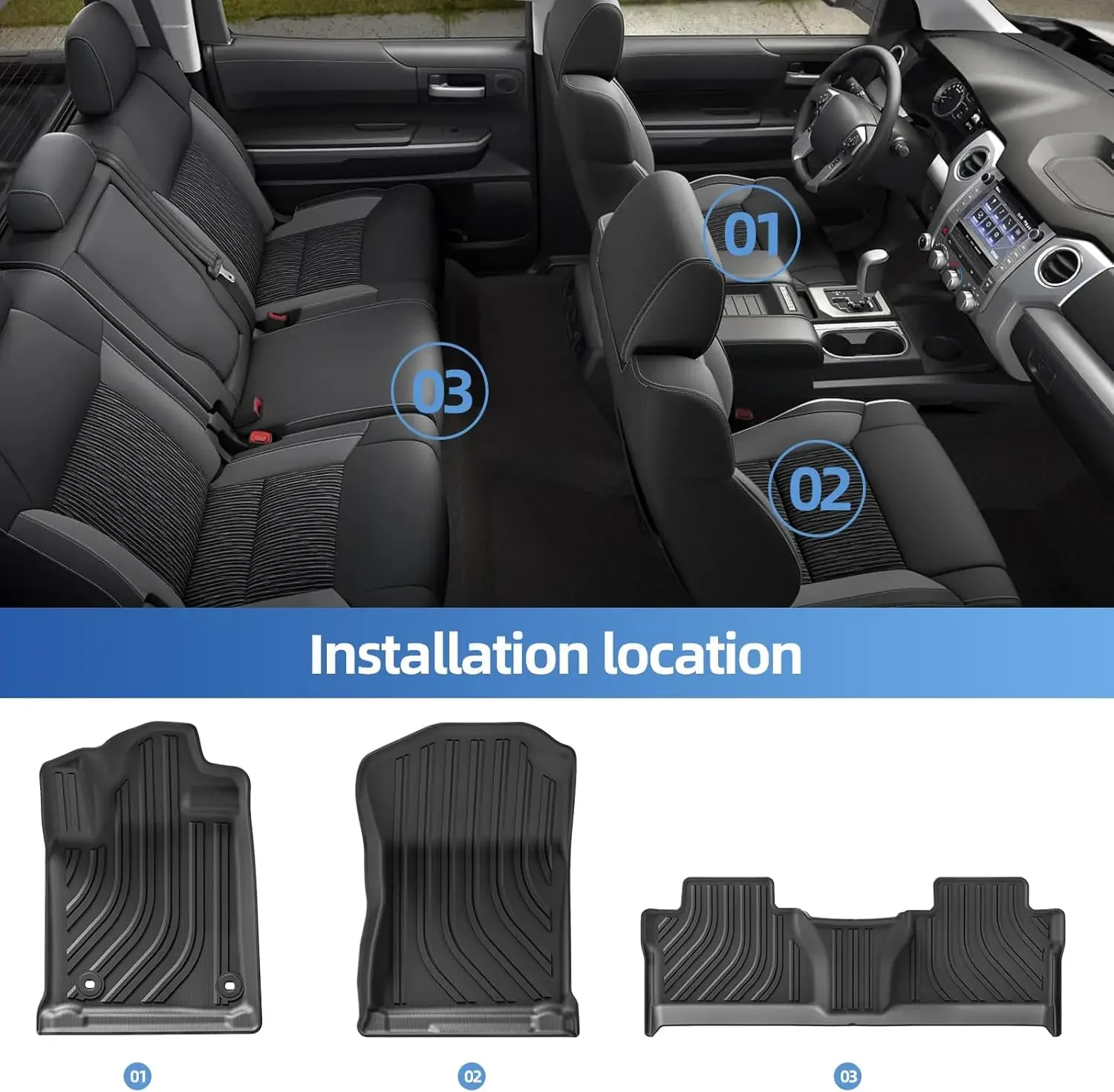 Фото Коврики для Toyota Tundra CrewMax Cab 2014-2021 TPE Всепогодные напольные вкладыши Аксессуары для интерьера, 1-й и 2-й ряд Автомобильные коврики Автомобильные №2
