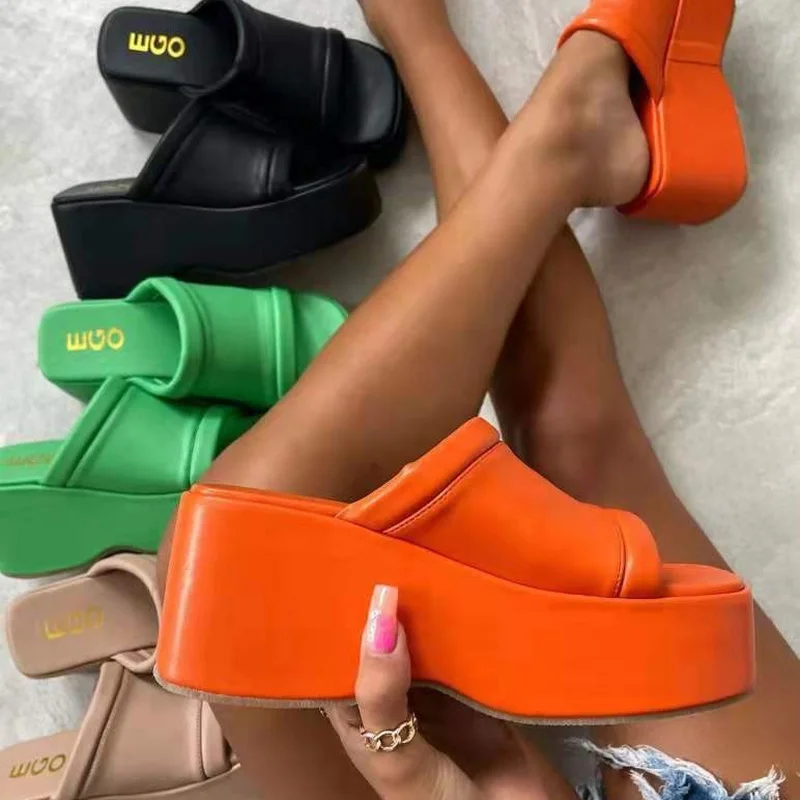 

2022 Summer Women's Slippers Fish Mouth Sexy High Heel Fashion Leather Sandals Rubber Beach Open Toe Platform Shoes Outerwear
