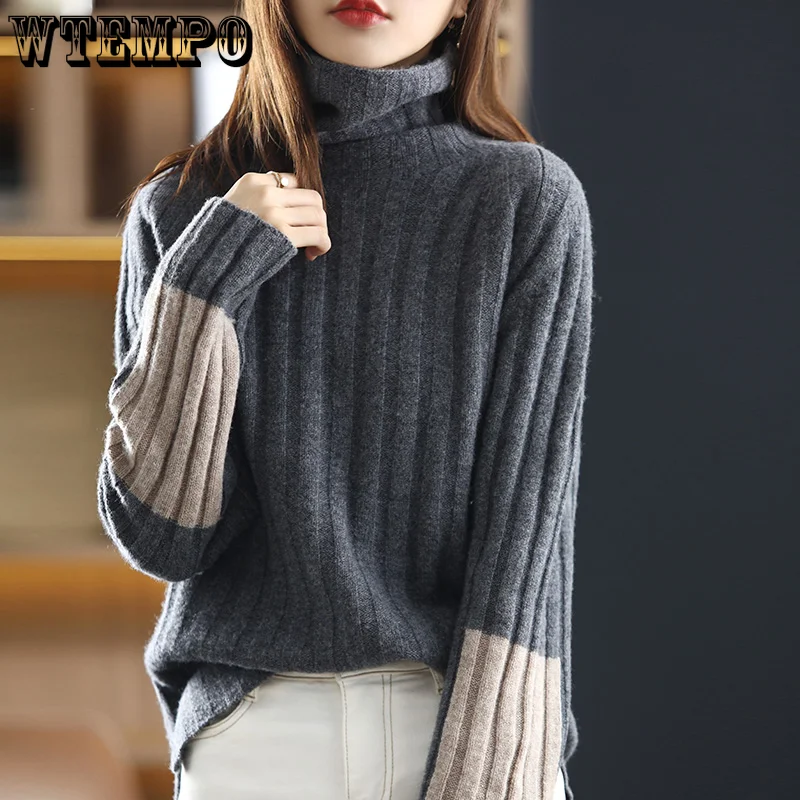 

WTEMPO Turtleneck Women's Thickened Sweater Color Contrast Knitwear Korean Fashion Casual Pullover Autumn and Winter Women's Top