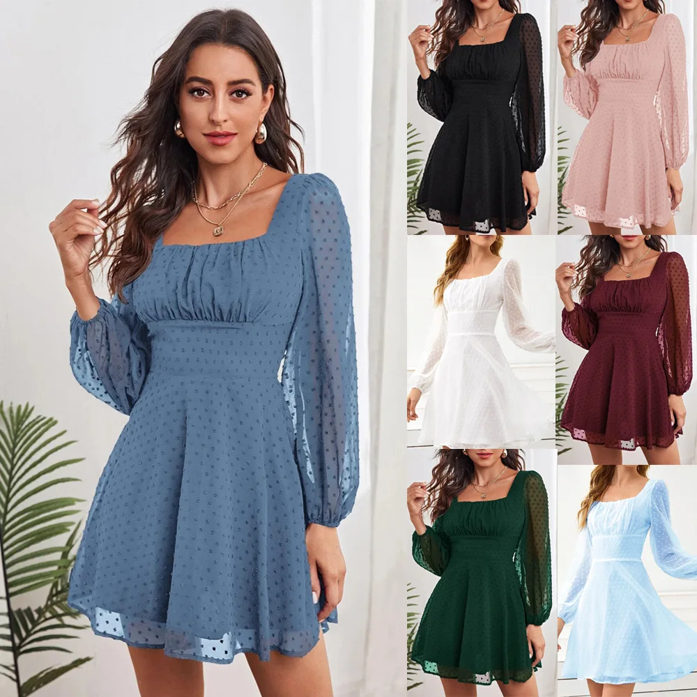 

Ladies Dresses Women Elegant Sheer Long Puff Sleeve with Belt Robe Blazer Ruched Bust Lantern Sleeve Swiss Dot Dresses