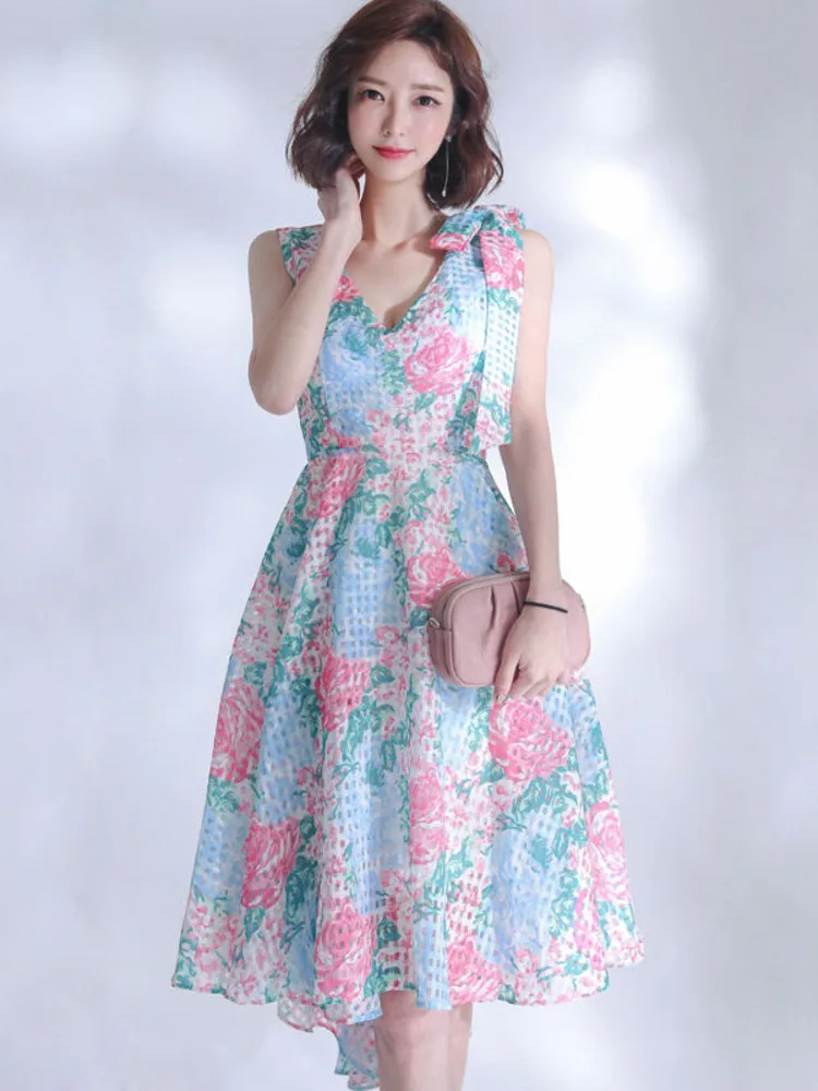 

Elegant Party Dress 2022 Summer Simple Sleeveless V-Neck Tank Bow Fashion Print High Waist A-Line Temperament Vintage Dress