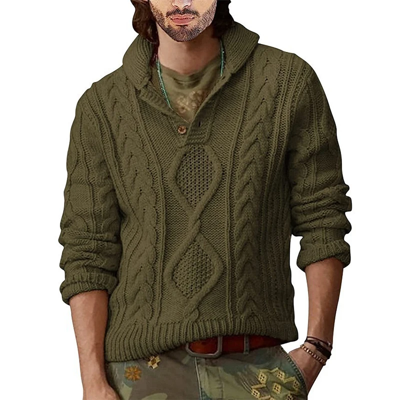 

Мужской облегающий Однотонный свитер с длинными рукавами, повседневный мужской модный пуловер с отложным воротником и пуговицами, мужской ...