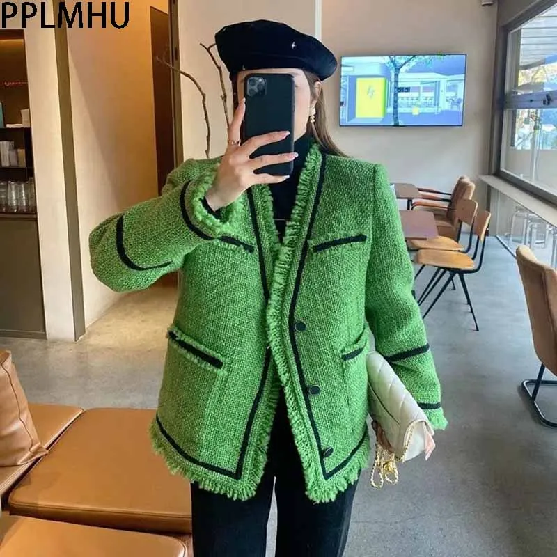 Winter Vintage Tweed Single Breasted Outerwear Women's Short Jacket Coat V Neck Slim Tops Clothes Female Thickening Jackets