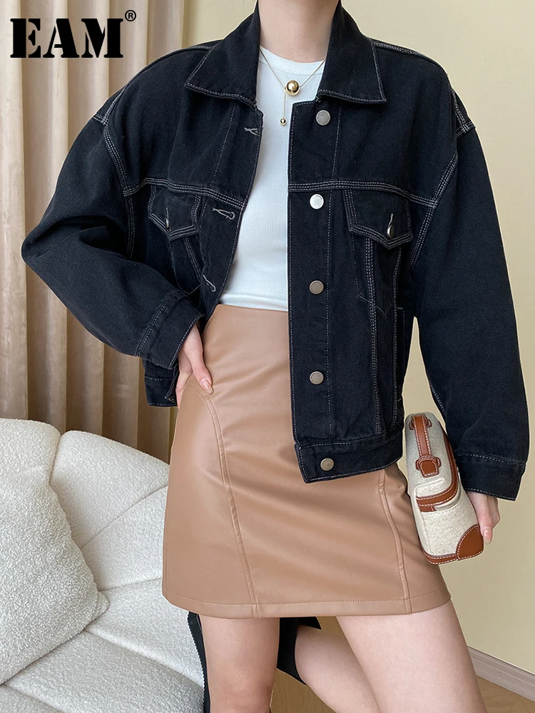 

[EAM] Loose Fit Black Denim Big Size Casual Jacket New Lapel Long Sleeve Women Coat Fashion Tide Spring Autumn 2023 1DH0672