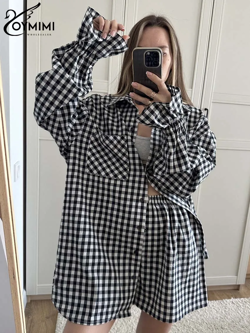 

Oymimi Fashion Black Cotton Two Piece Set For Women Elegant Long Sleeve Pockets Plaid Print Shirts And High Waist Shorts Sets