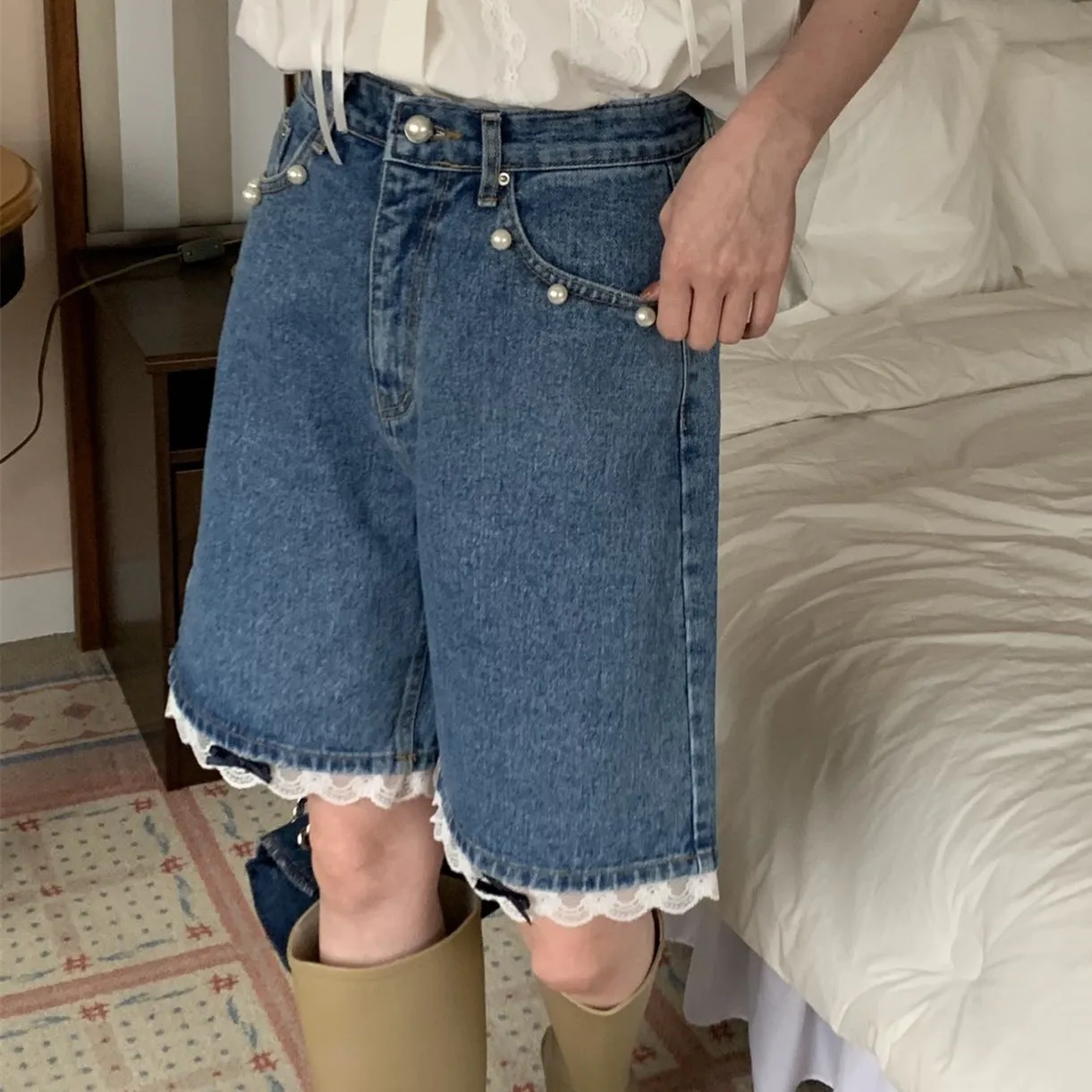 ZHISILAO новые кружевные лоскутные джинсы до колен женские летние винтажные прямые