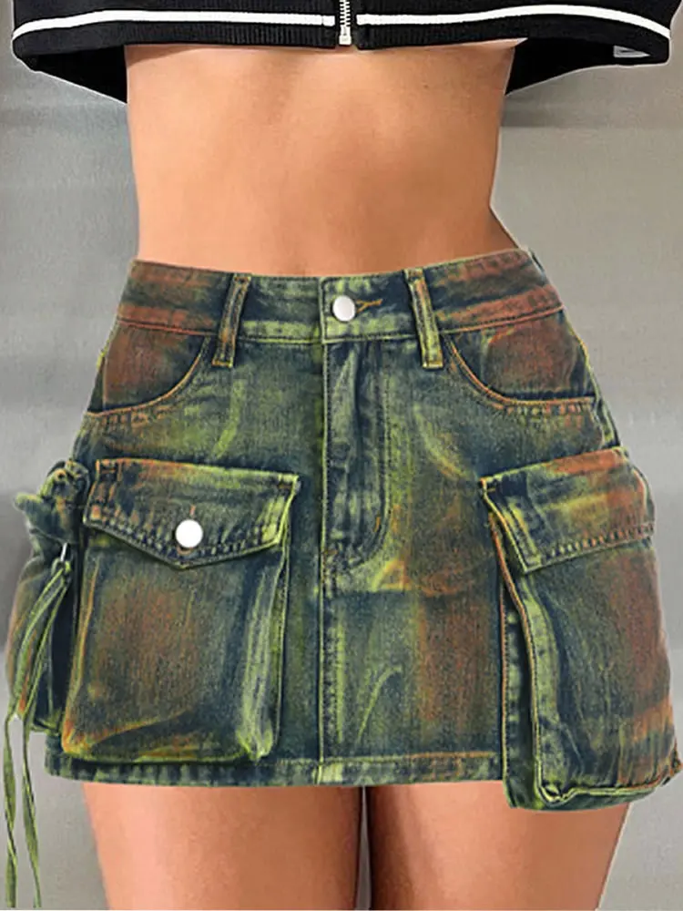 

Y2K Summer Women Vintage Streetwear Korean Denim High Waist Knee Length Wide Leg Pockets Baggy Cargo Skirts Harajuku Clothes
