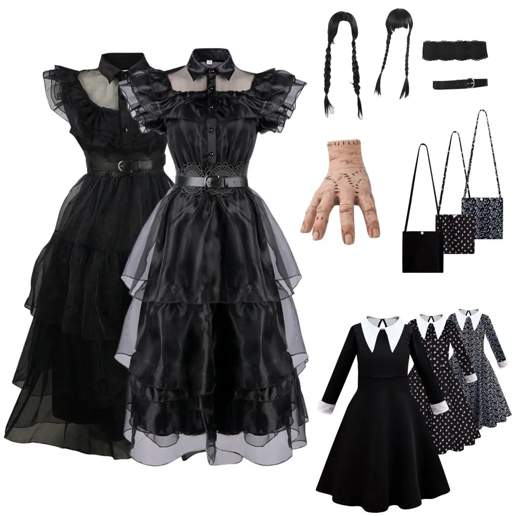 

Wednesday Addams Cosplay Girl Dress Zombie Prom Party Dark Lolita Princess Dress For Kids With Wig Carnival Costume Women