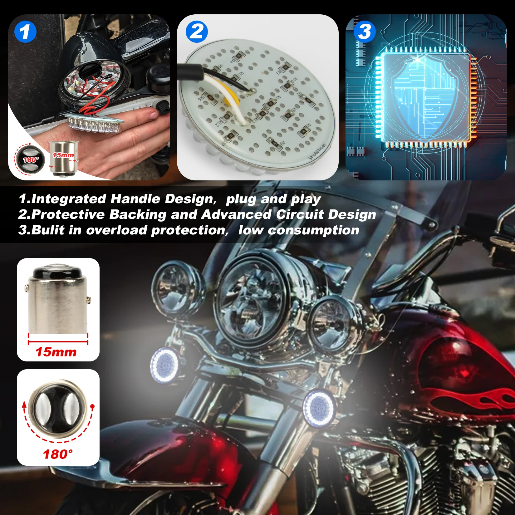 Фото Мотоциклетные передние поворотники Bullet 48 LED 1157 для Softail, Dyna, Touring, Sportster, Street Glide, Road Glide 1997-2024 №5
