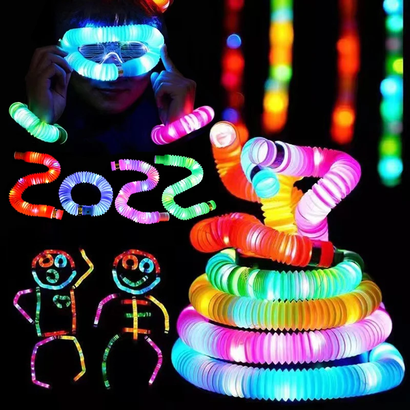 

5PCS Lighted Pop Fidget Tubes LED Sensory Toys Pull Stretch Tube Toddlers Gifts Children's Luminous Popping Sound Party Supplies