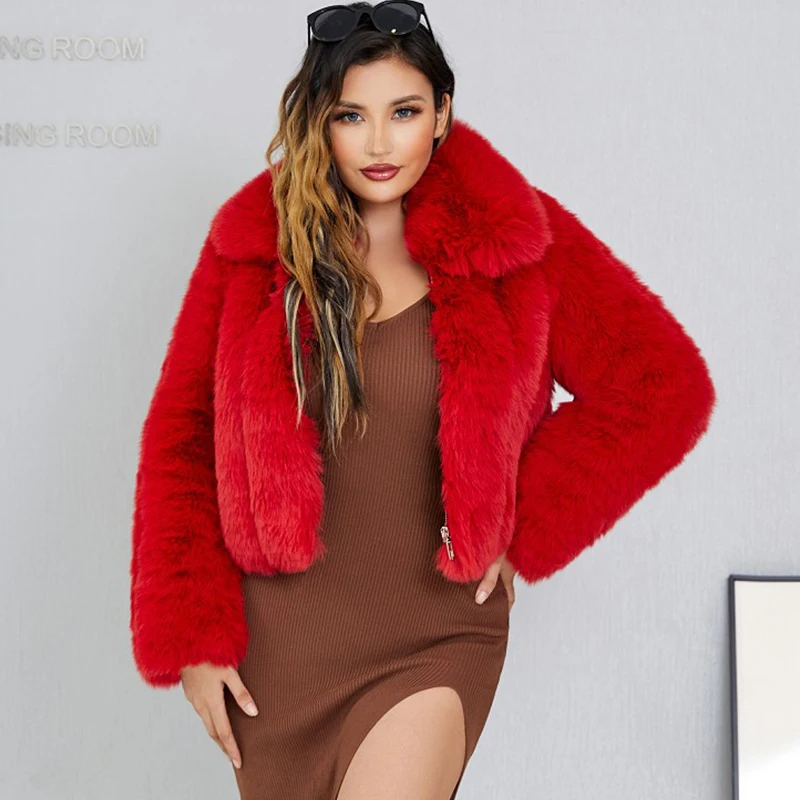 Winter Faux Fur Jacket Women Luxury 2022 Female High Quality Full Sleeves Plush Red White Black Fox Fur Coat for Lady Girl