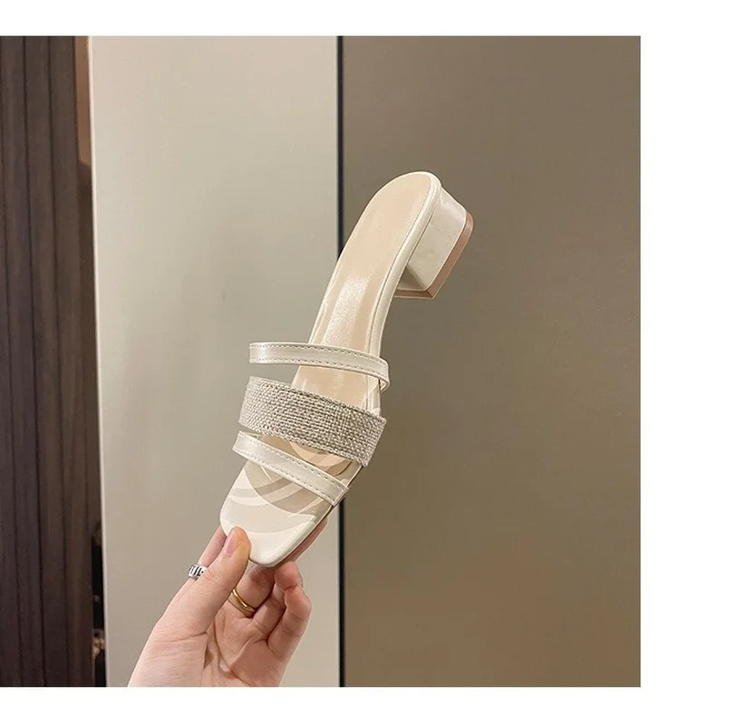 Women's Slippers Summer New Square Toe Open-toe Thick Heel Sandals Women's Korean Version Medium Heel Plus Size 42 Women's Shoes