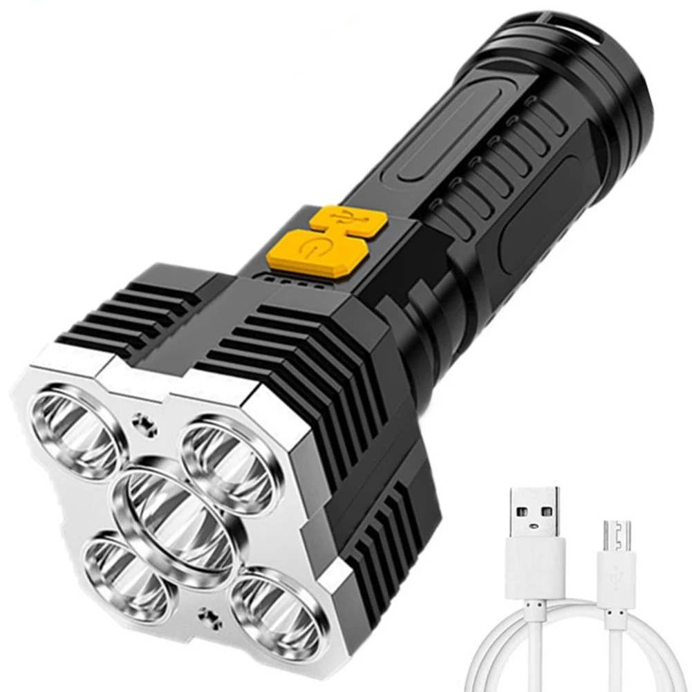 

5 LED Super Bright Torch Flashlight Rechargeable Camping Tactics Lamp 5 Modes Flashlight Charging Cable Durable Camping Accs