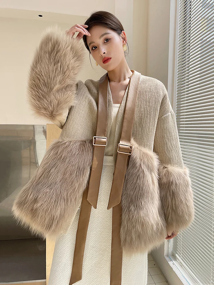New Women Real Fur Coat Autumn Winter Vintage Elegant Thick Warm V-Neck Fox Fur Wool Blended Fur Jacket Loose Outerwear Female