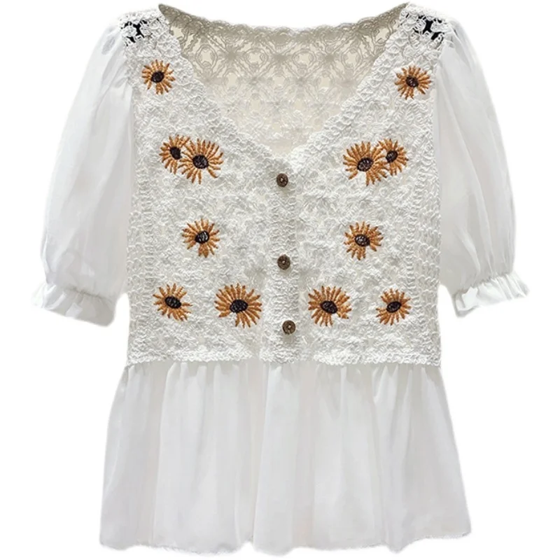 Шифоновый ажурный кардиган с вышивкой ромашки летняя стильная рубашка модные